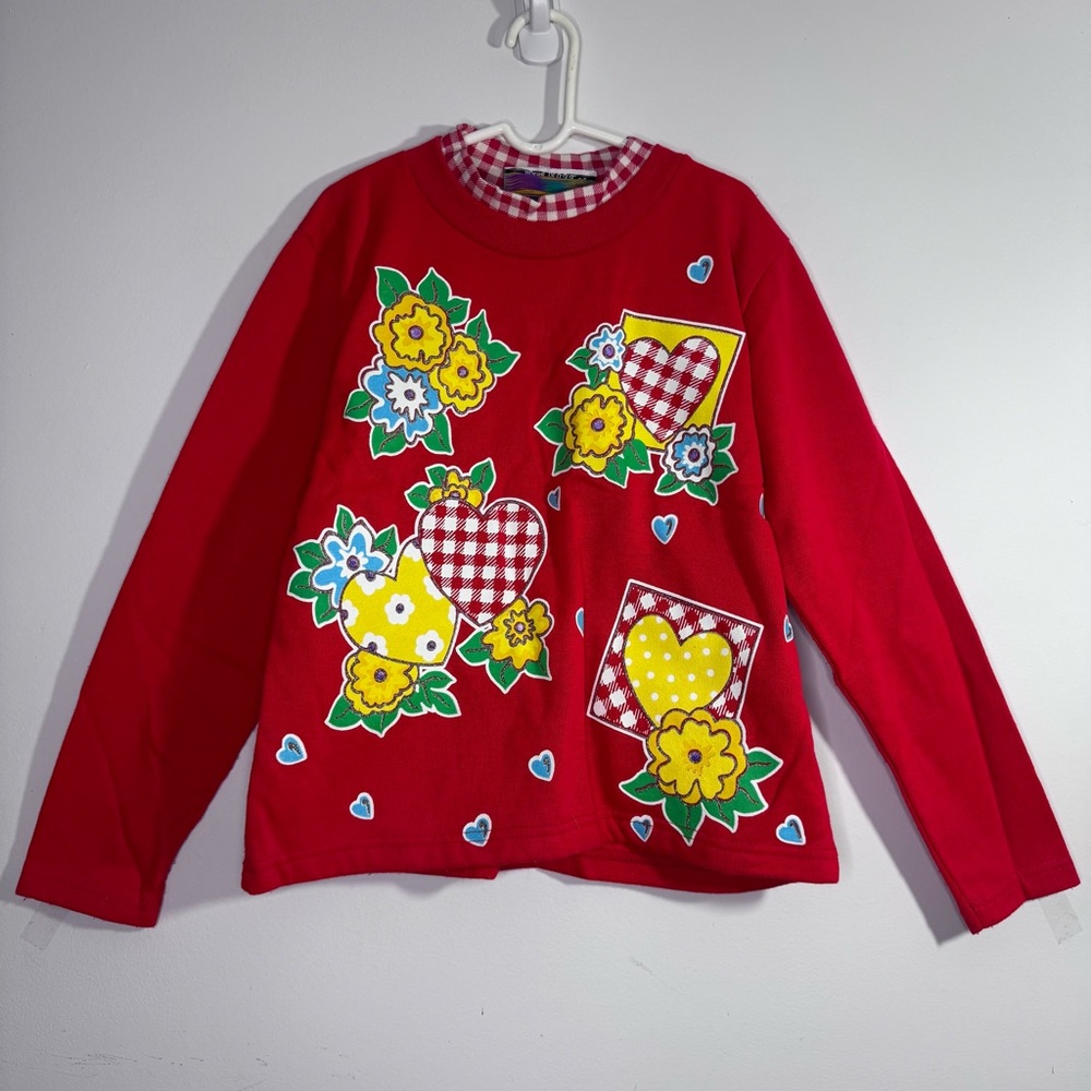 Vintage Funny Flowers Heart Floral Sweatshirt Red USA Made Girls Size 12